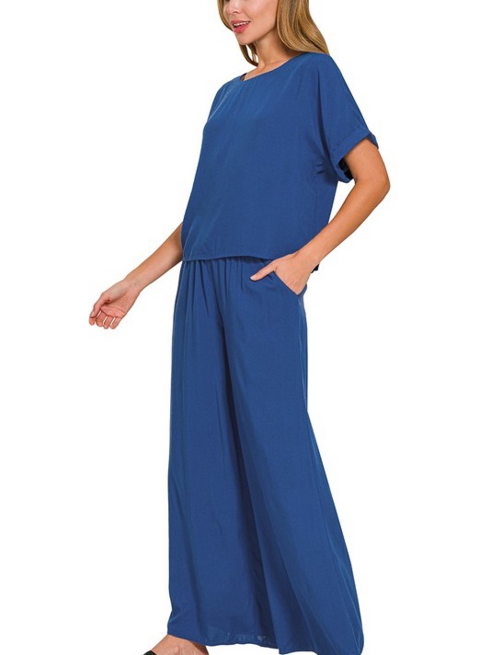 NWT 2 pc Set Zenana Woven Short Sleeve & Long Wide Legs Pants Set black - Picture 2 of 8